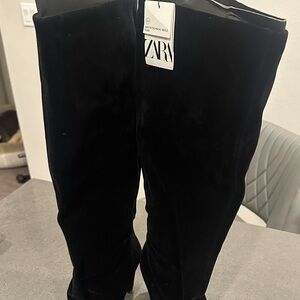 ZARA Black Velvet Over-the-Knee Boots